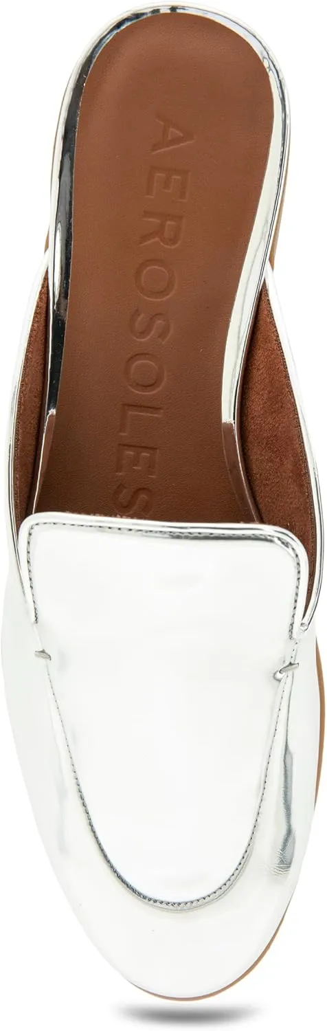 Comfortable Women's Flexible Tailored Loafer Mule in Silver Mirror Metallic Faux Leather Faux Leather