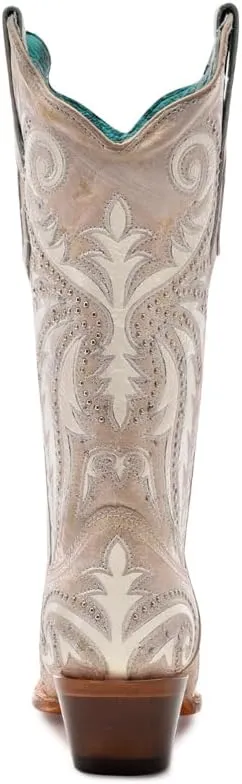 CORRAL LADIE'S SAND-BEIGE OVERLAY & EMBROIDERY & STUDS, LEATHER SOLE, COWHIDE LEATHER, WESTERN BOOTS, Z5211