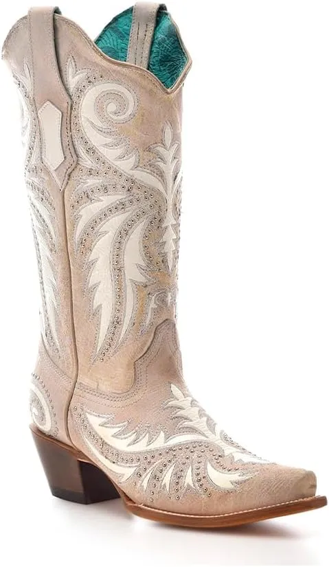 CORRAL LADIE'S SAND-BEIGE OVERLAY & EMBROIDERY & STUDS, LEATHER SOLE, COWHIDE LEATHER, WESTERN BOOTS, Z5211