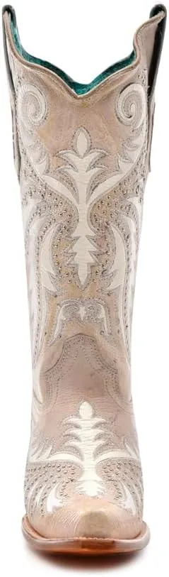 CORRAL LADIE'S SAND-BEIGE OVERLAY & EMBROIDERY & STUDS, LEATHER SOLE, COWHIDE LEATHER, WESTERN BOOTS, Z5211