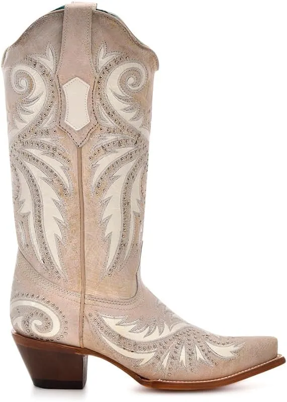 CORRAL LADIE'S SAND-BEIGE OVERLAY & EMBROIDERY & STUDS, LEATHER SOLE, COWHIDE LEATHER, WESTERN BOOTS, Z5211