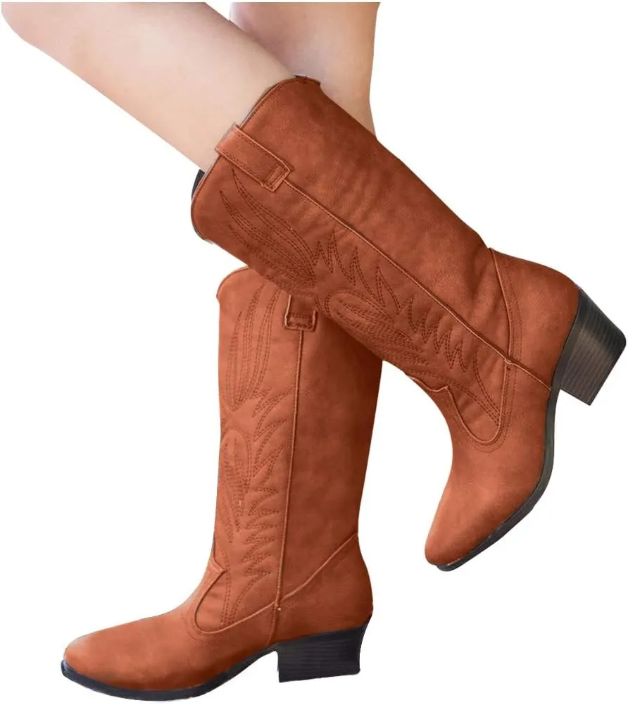 Cowboy Boots for Women Low Heel Ankle Bootie Winter Lace up Low Stacked Block Heel Mid Calf Military Combat Boots 52