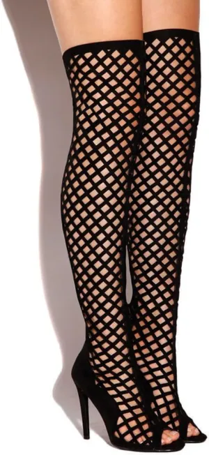 Cr Elnora Gladiator Open Toe Lace Back Full Zipper Thigh High Stiletto Heel Boot Black,Black,7.5