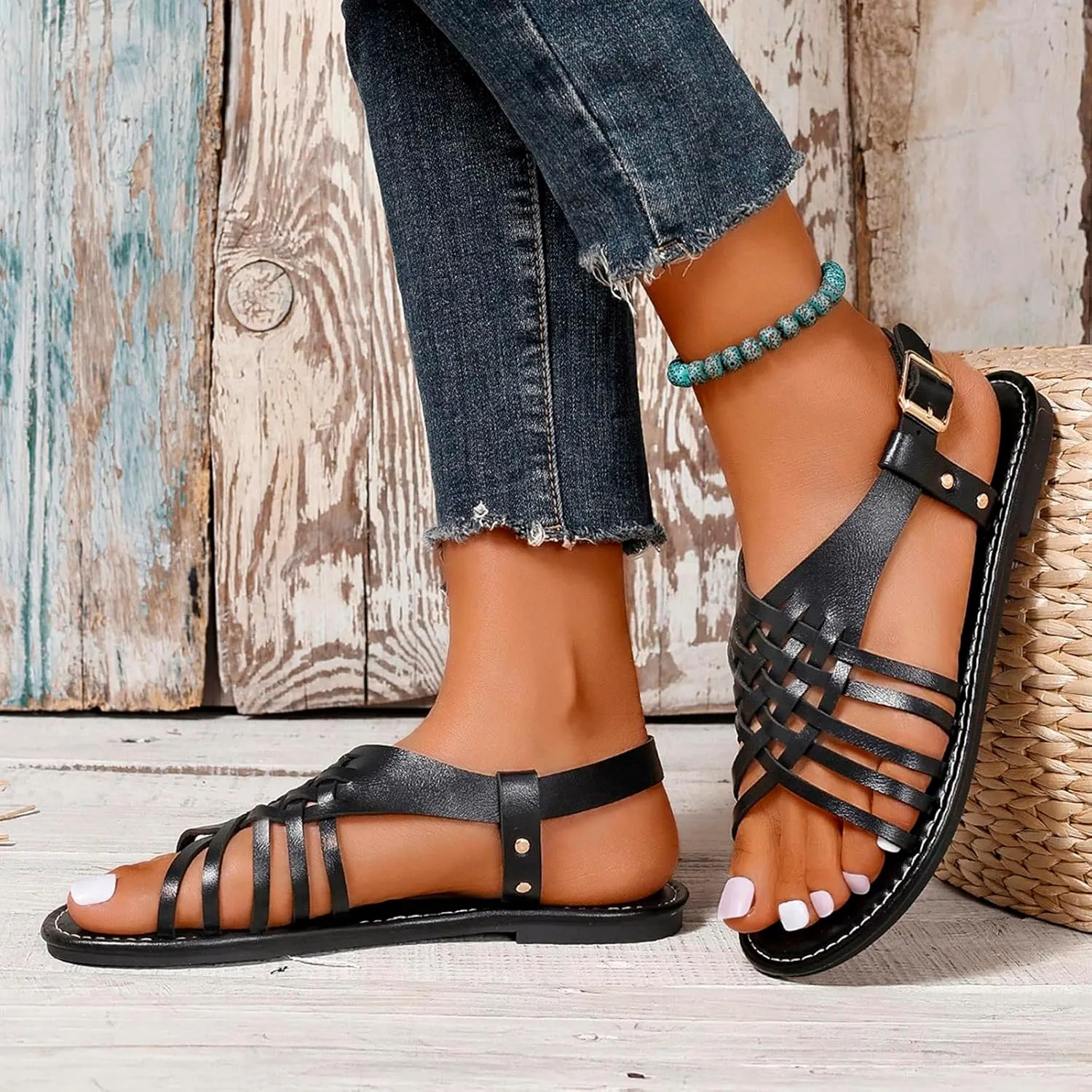 Cross Strappy Sandals for Women Summer Hollow Beach Flat Shoes Comfort Breathable Sandal Outdoor Holiday Flats