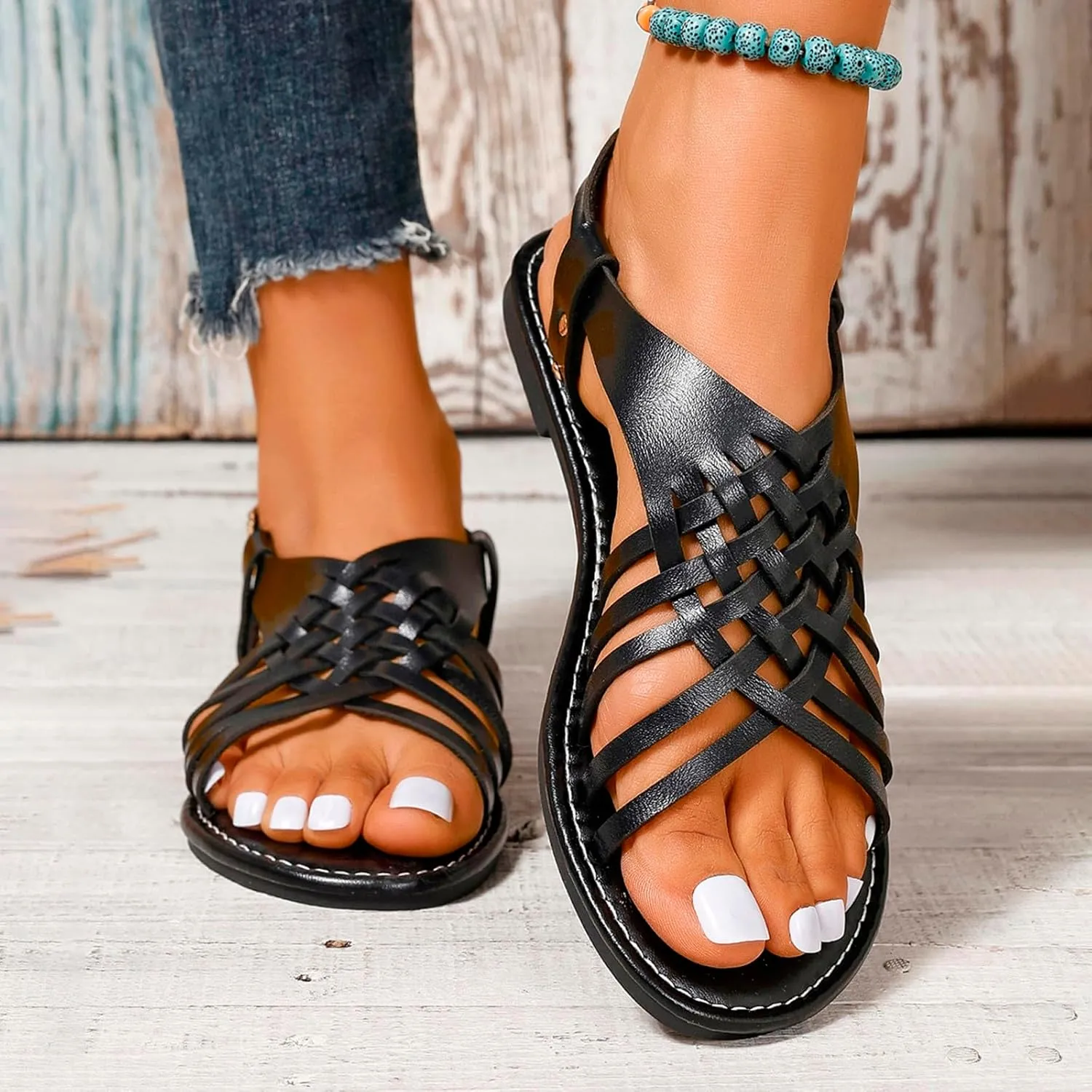 Cross Strappy Sandals for Women Summer Hollow Beach Flat Shoes Comfort Breathable Sandal Outdoor Holiday Flats