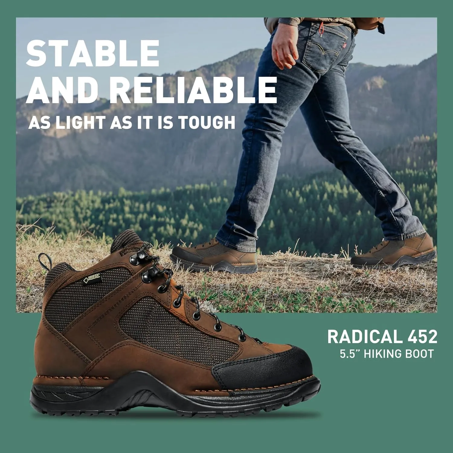 Danner Radical 452 5.5 Waterproof Hiking Boots for Men with Sanded Nubuck Leather, Scuff-Proof Toe Cap, Breathable Gore-Tex & Traction Outsole