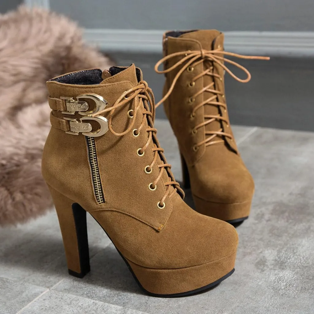 DINTAHA Chunky Platform Heels Boots Faux Suede Ankle Boots Lace Up Booties Heeled Combat Boots