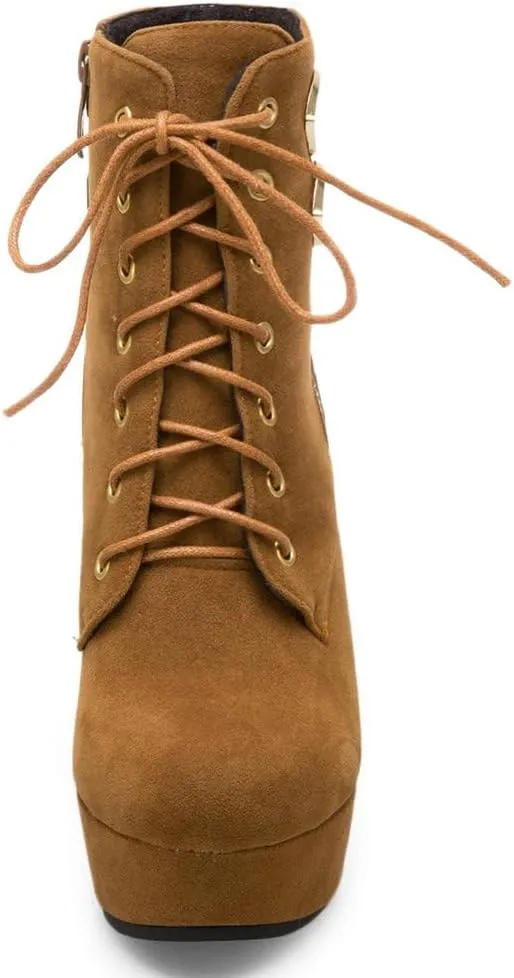 DINTAHA Chunky Platform Heels Boots Faux Suede Ankle Boots Lace Up Booties Heeled Combat Boots