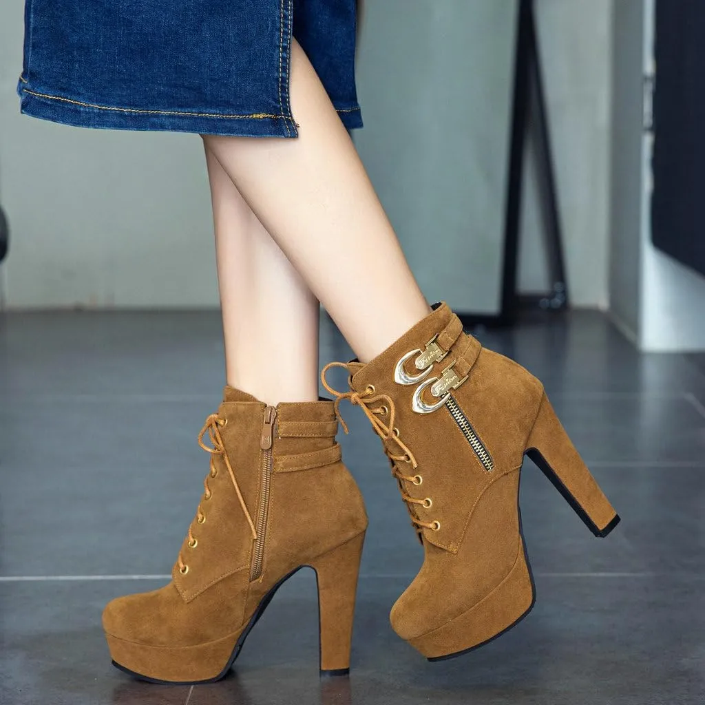 DINTAHA Chunky Platform Heels Boots Faux Suede Ankle Boots Lace Up Booties Heeled Combat Boots