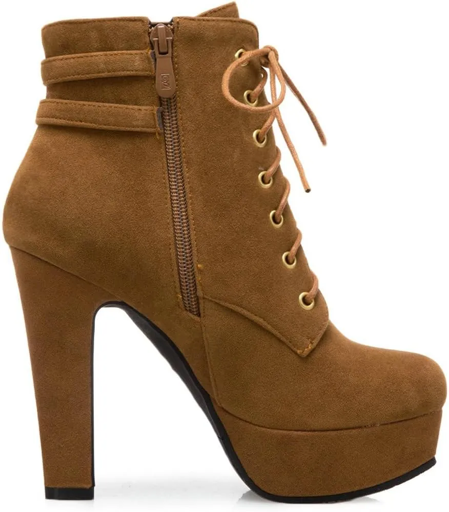 DINTAHA Chunky Platform Heels Boots Faux Suede Ankle Boots Lace Up Booties Heeled Combat Boots