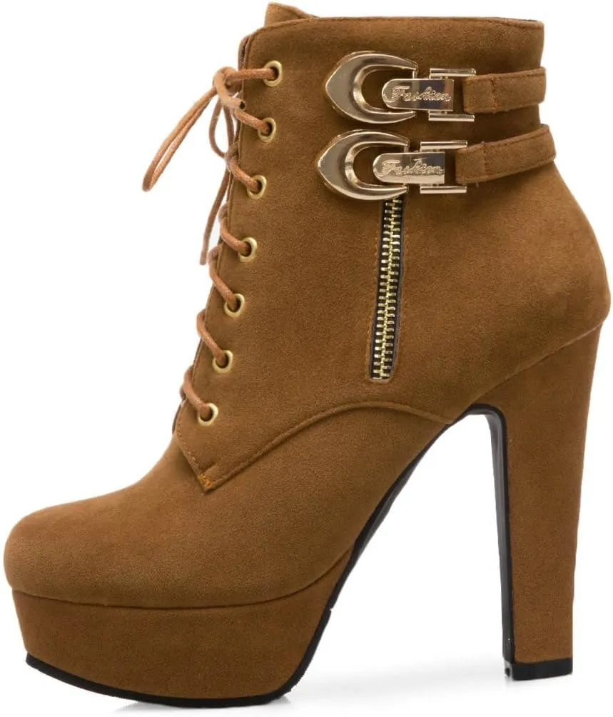 DINTAHA Chunky Platform Heels Boots Faux Suede Ankle Boots Lace Up Booties Heeled Combat Boots