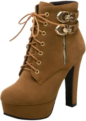 DINTAHA Chunky Platform Heels Boots Faux Suede Ankle Boots Lace Up Booties Heeled Combat Boots