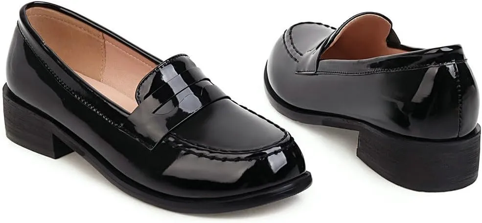 DINTAHA Patent Leather Loafers for Women Chunky Low Heel Loafers Slip On Casual Shoes