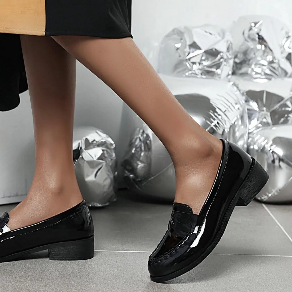 DINTAHA Patent Leather Loafers for Women Chunky Low Heel Loafers Slip On Casual Shoes