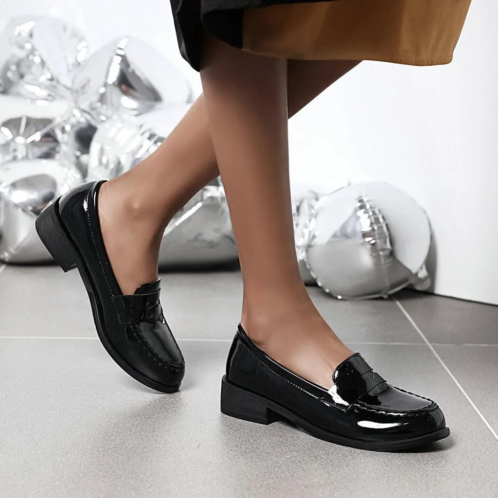 DINTAHA Patent Leather Loafers for Women Chunky Low Heel Loafers Slip On Casual Shoes