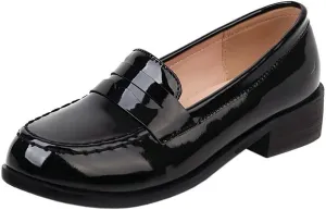DINTAHA Patent Leather Loafers for Women Chunky Low Heel Loafers Slip On Casual Shoes