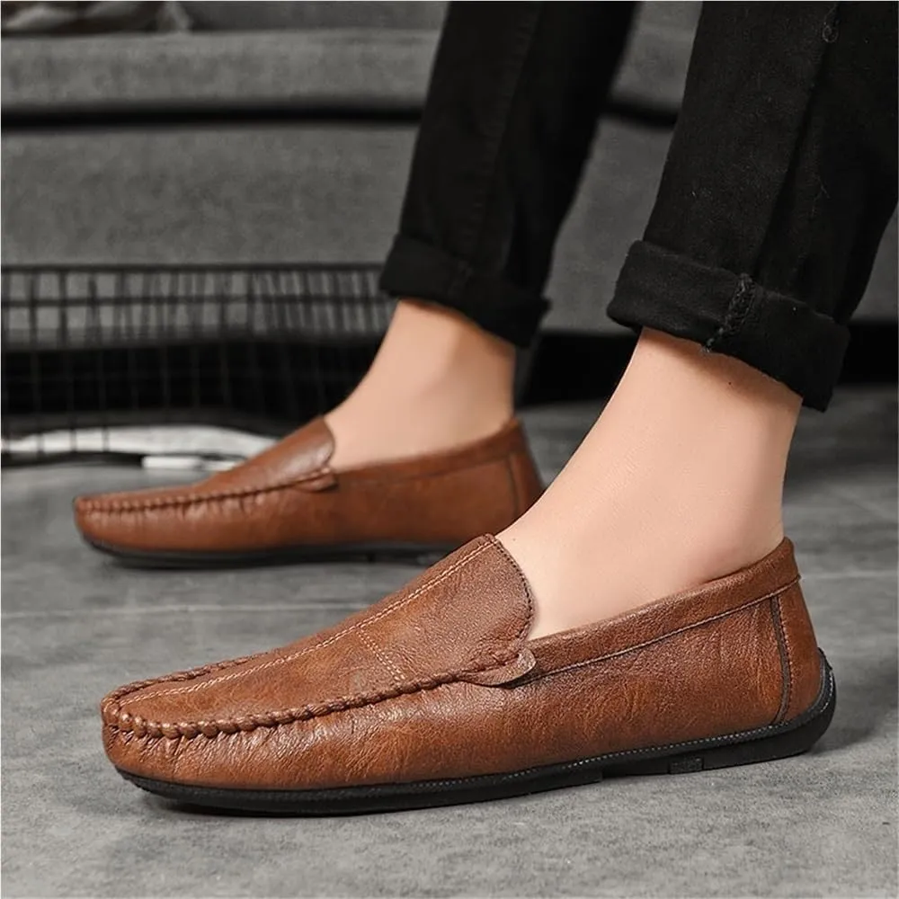 Fashion Men Loafers Shoes Pu Leather Driving Loafers Solid Color Round Toe Slip On