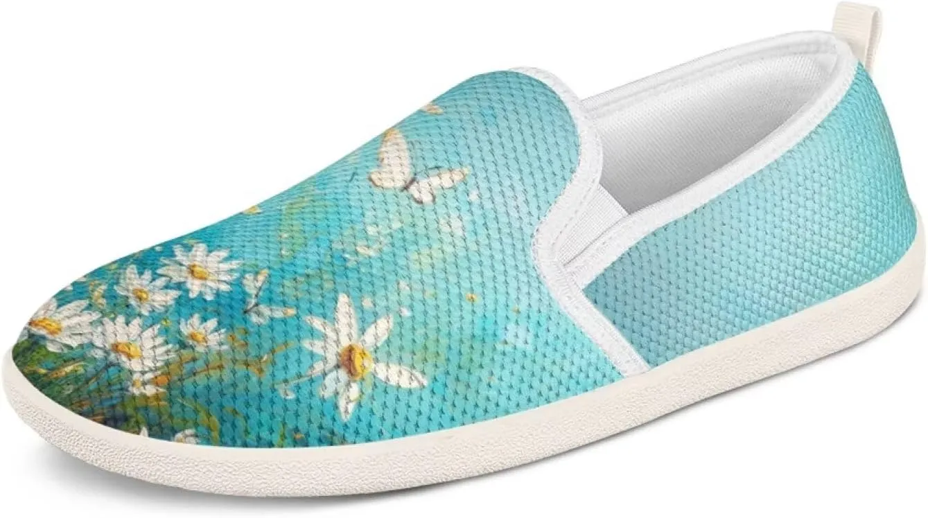 Floral Sneakers for Women Casual Tennis Shoes Trendy Walking Wide Easy Slip On Shoes for Elderly Women Size 7.5 Non Slip Flats Mesh Loafers Butterfly Daisy