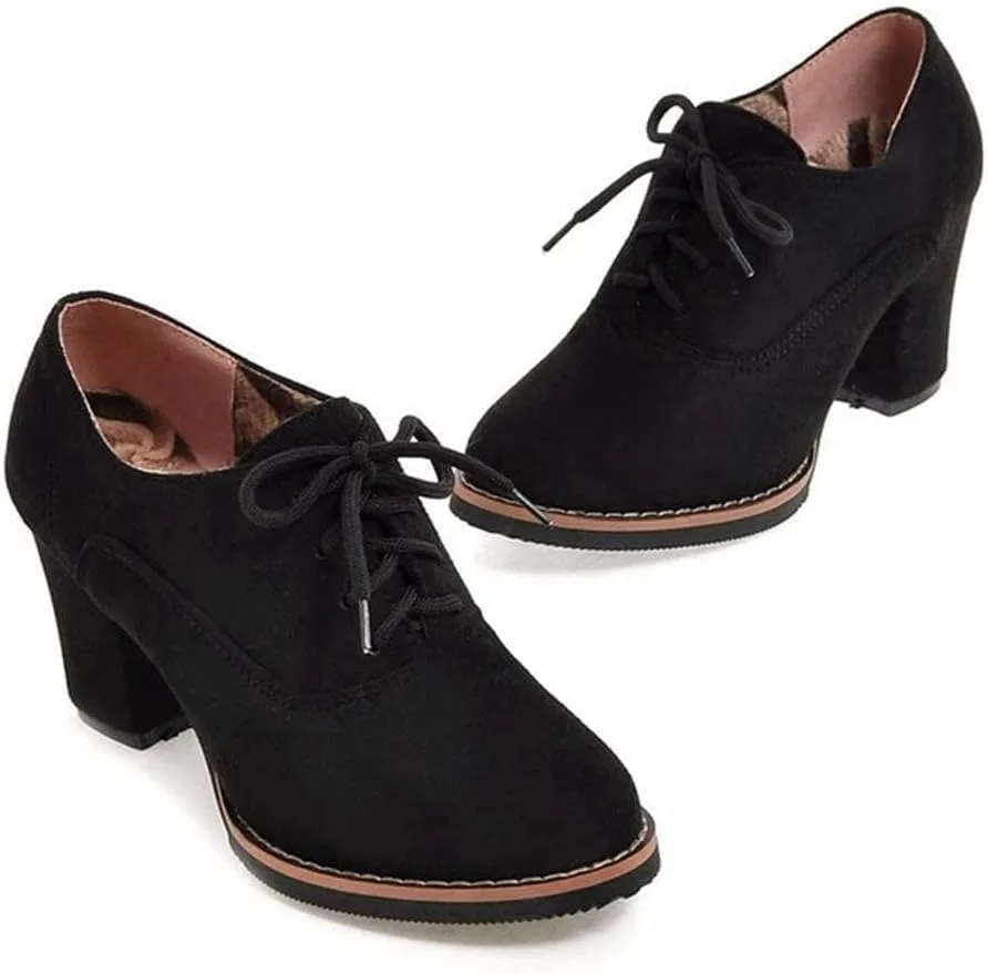 Generic Womens Block Heel Pumps Comfort Oxfords Shoes Suede Lace up Dress Shoes Chunky Mid Heels Ankle Boots