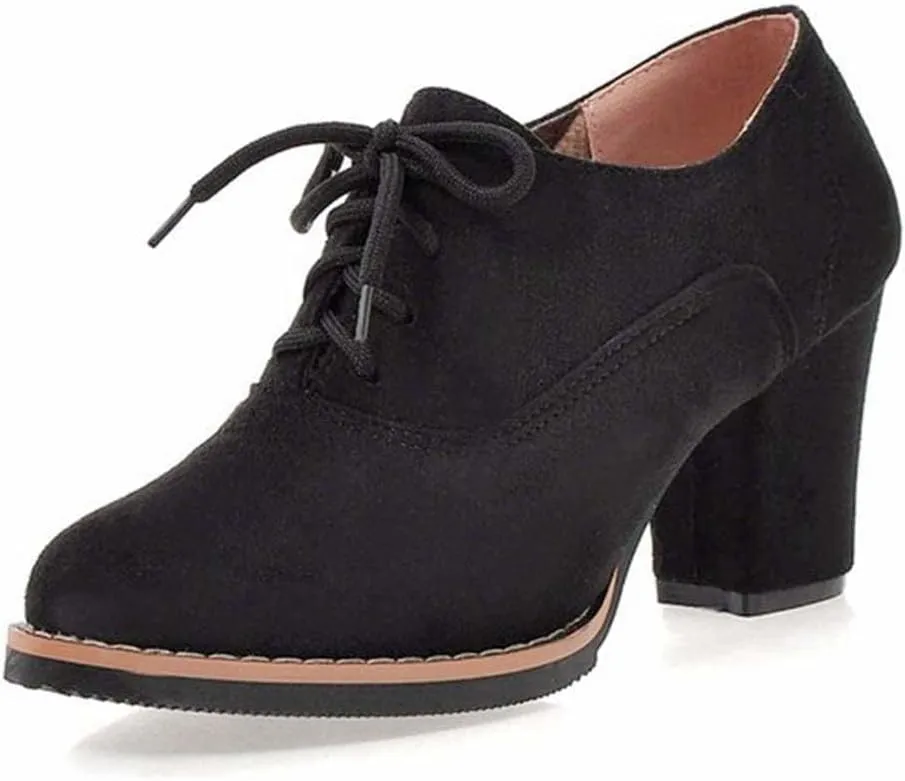 Generic Womens Block Heel Pumps Comfort Oxfords Shoes Suede Lace up Dress Shoes Chunky Mid Heels Ankle Boots
