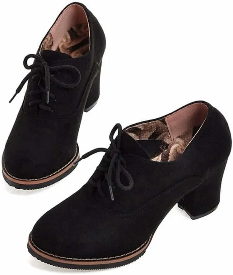 Generic Womens Block Heel Pumps Comfort Oxfords Shoes Suede Lace up Dress Shoes Chunky Mid Heels Ankle Boots
