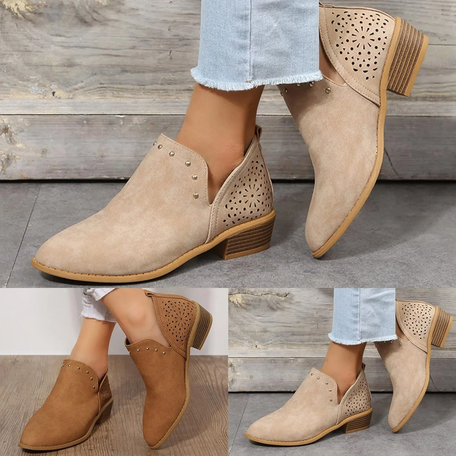 Gibobby Booties for Women Low Heel,Retro V Cutout Short Warm Boots Closed Toe Low Heel Combat Western Shoes