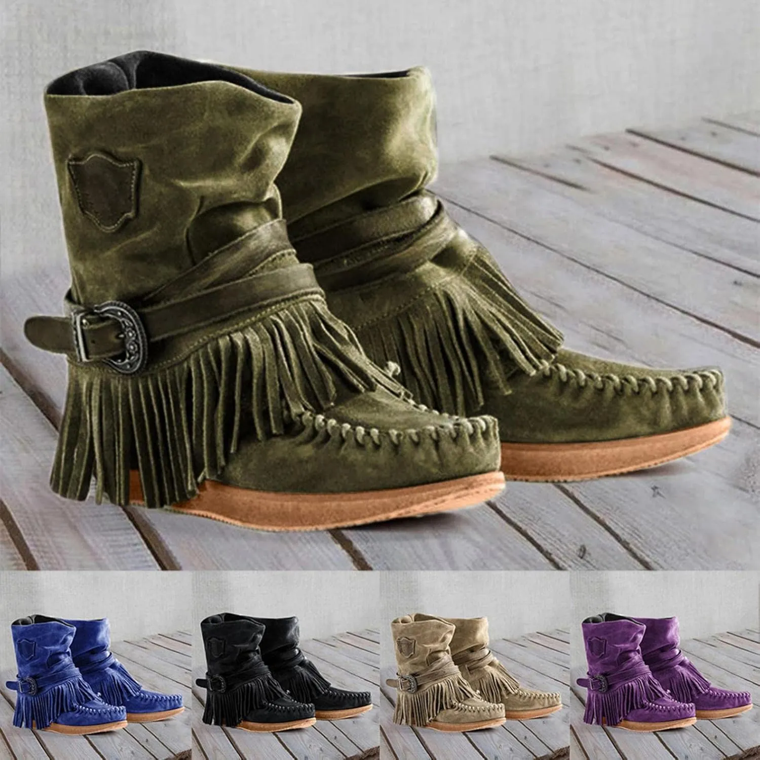 Gibobby Booties for Womens Mid Knee High Boots Platform Heel Fringe Side Zipper Fashion Winter Shoes Cowboy Booties