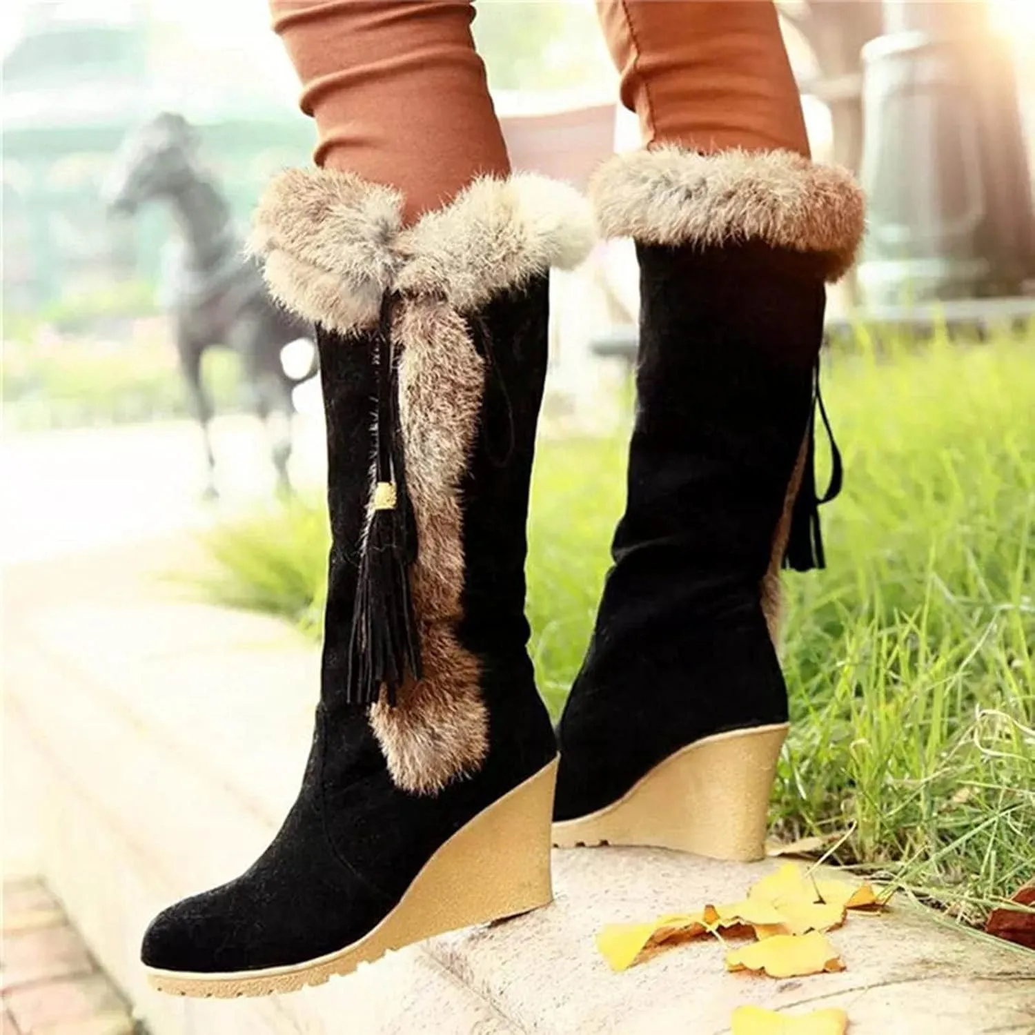 Gibobby Cowgirl Boots Women Platform Booties Cowboy Knee High Boots Knee Length Stacked Chunky Heel Tassel Boots 52