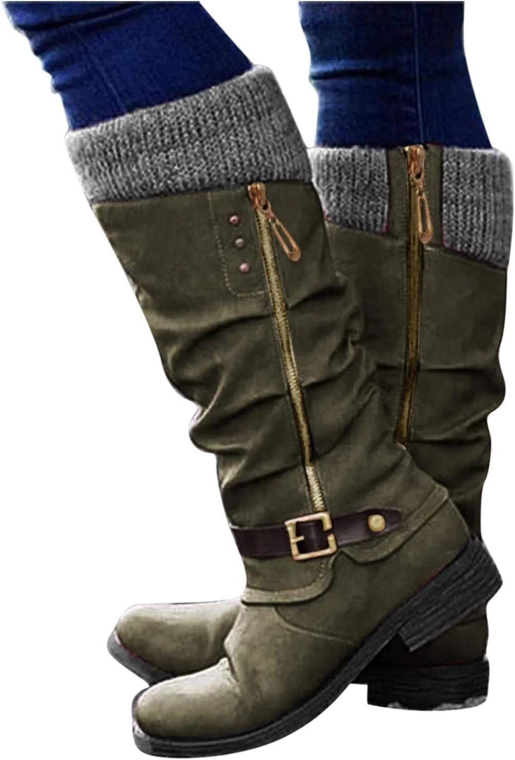 Gibobby Winter Boots for Women,Women's Knee Length Boots Retro Combat Knight Boots Closed Toe Motorcycle Low Heel Outdoor Waterproof Western Shoes