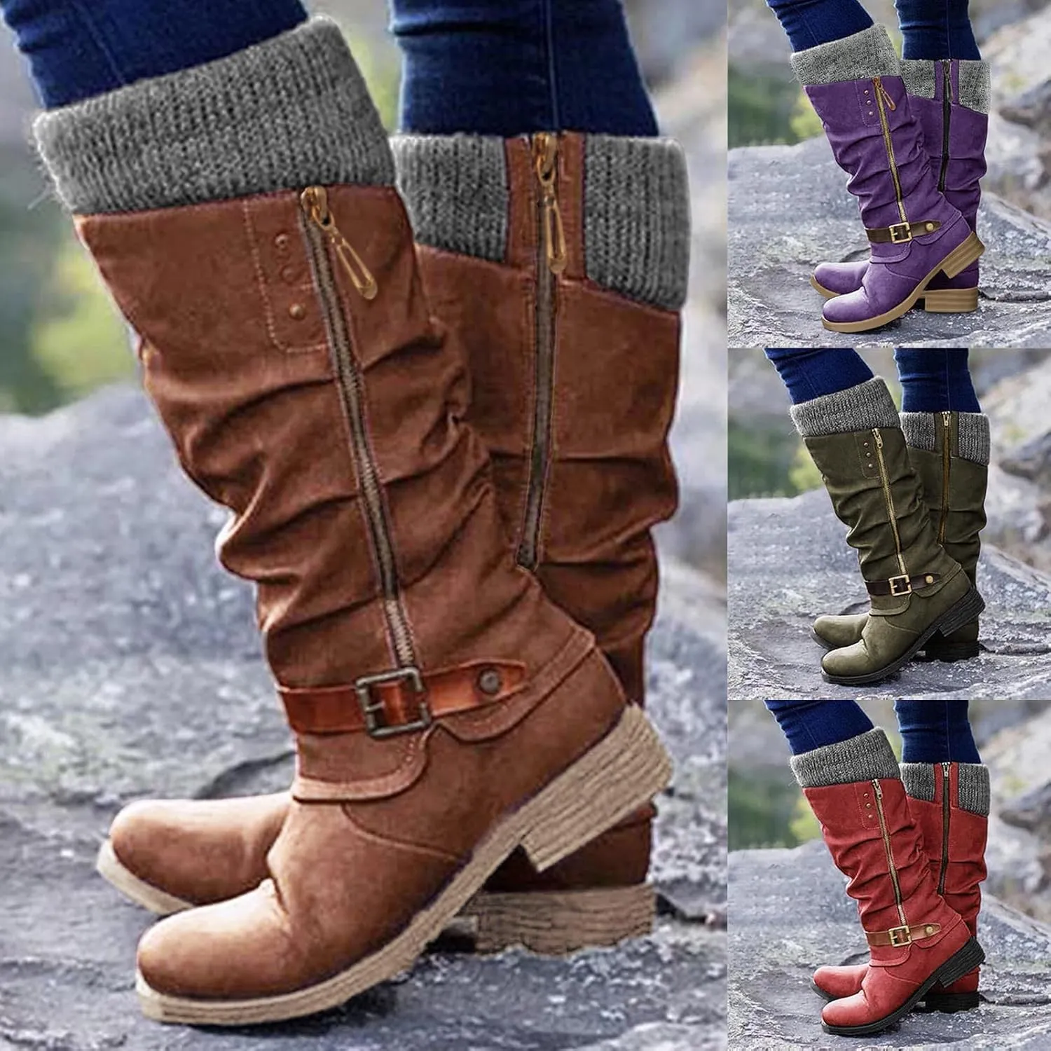 Gibobby Winter Boots for Women,Women's Knee Length Boots Retro Combat Knight Boots Closed Toe Motorcycle Low Heel Outdoor Waterproof Western Shoes