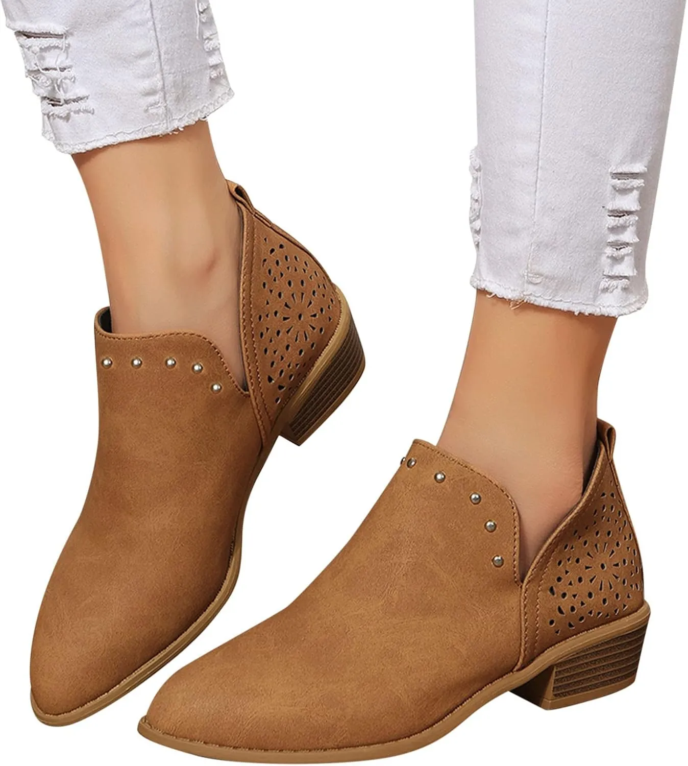 Gibobby Womens Boots Low Heel,Retro V Cutout Short Warm Boots Closed Toe Low Heel Combat Western Shoes