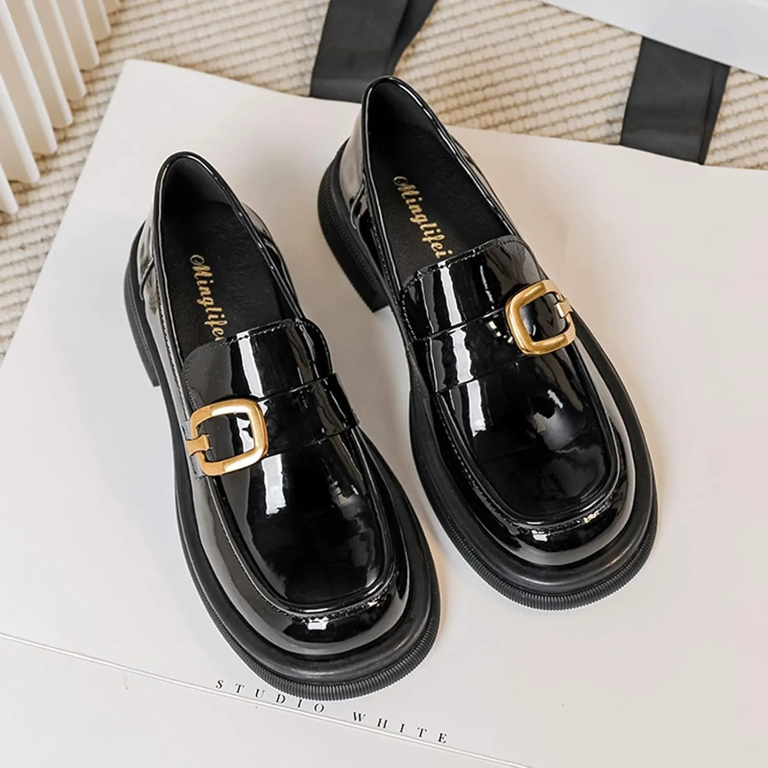Girl's Loafers, Square Toe Soft Patent Leather Loafers Slip-on Peny Shoes, Perfect Uniform Shoes