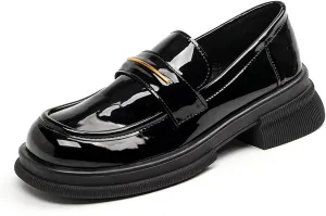 Girl's Loafers, Square Toe Soft Patent Leather Loafers Slip-on Peny Shoes, Perfect Uniform Shoes