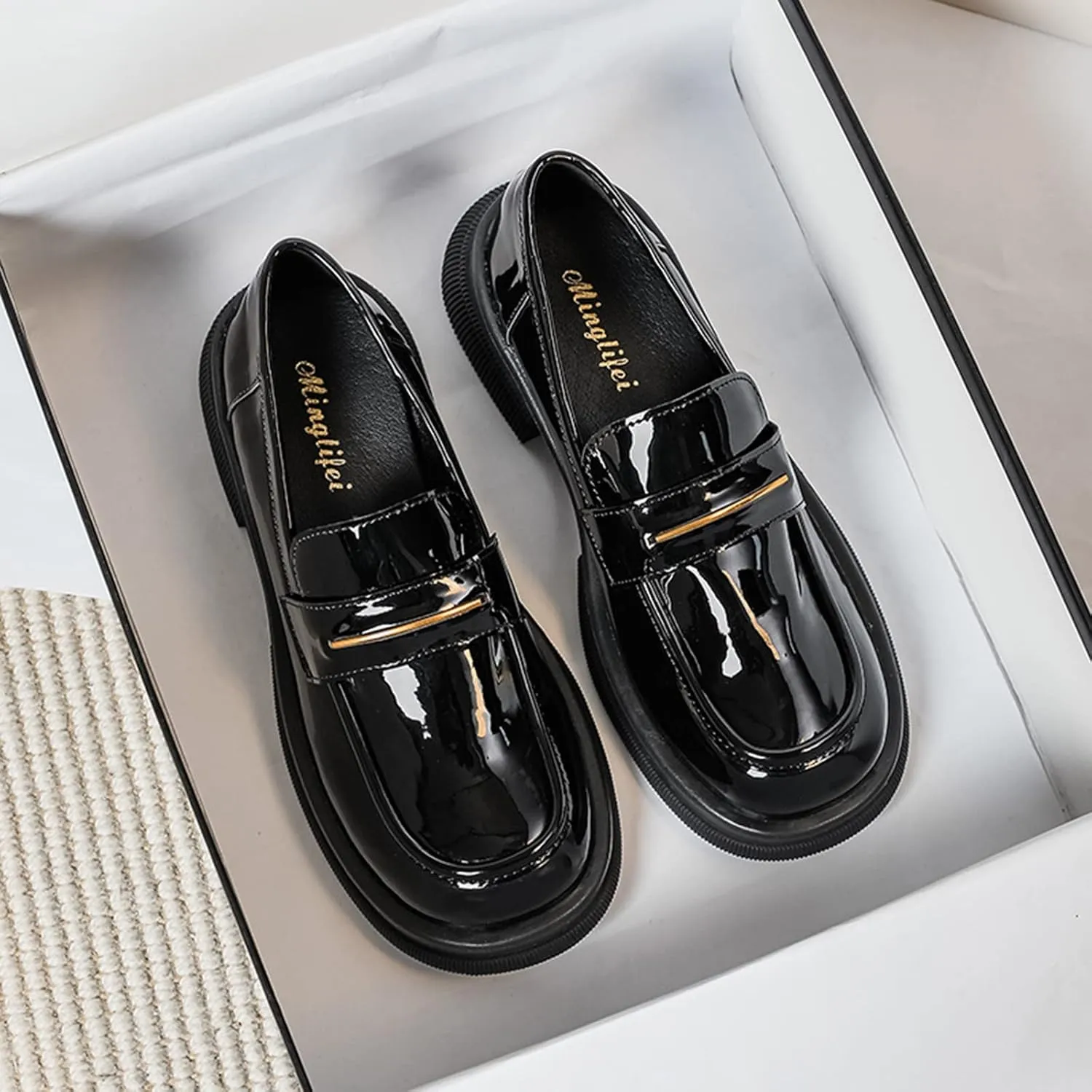 Girl's Loafers, Square Toe Soft Patent Leather Loafers Slip-on Peny Shoes, Perfect Uniform Shoes