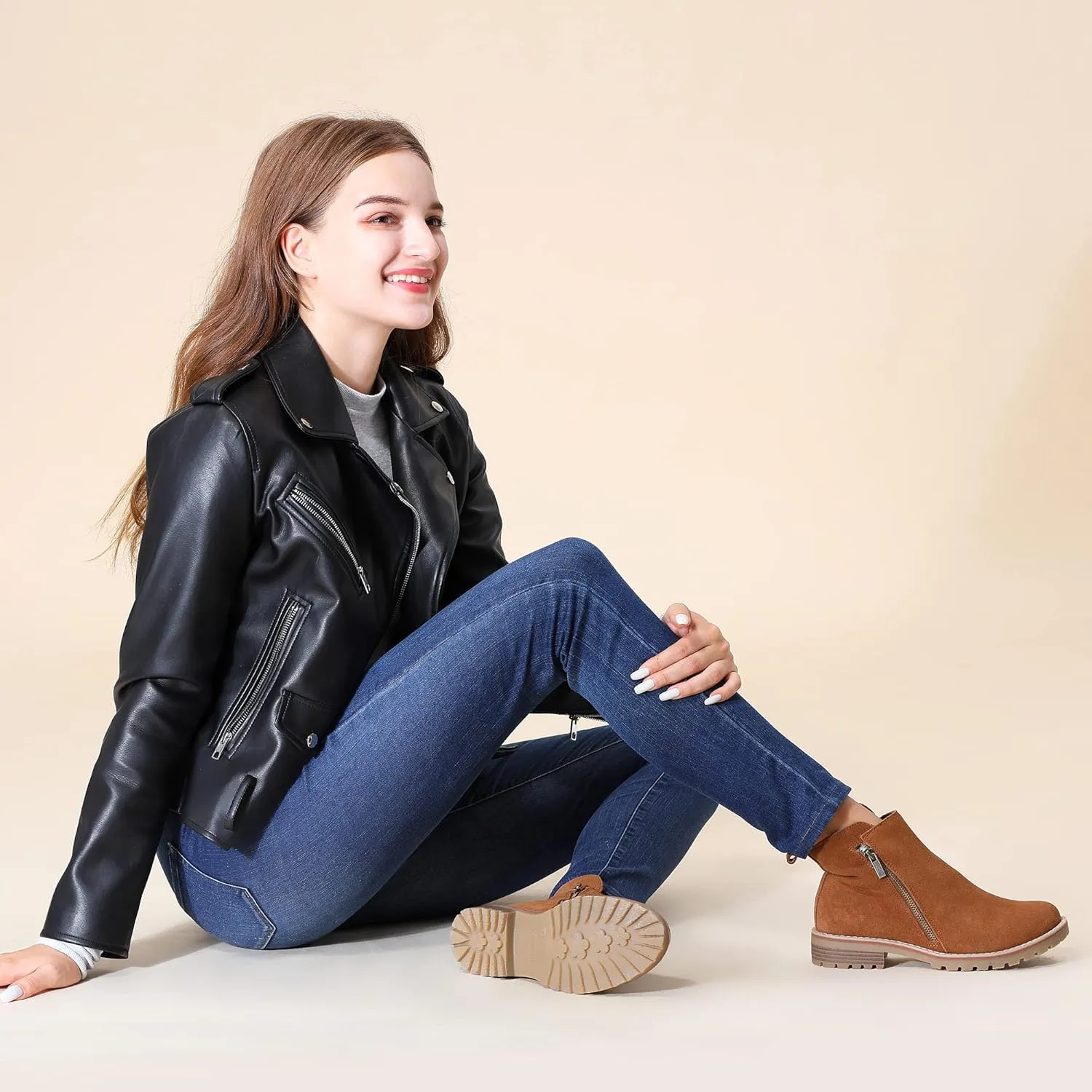 Hawkwell Women's Suede Leather Low Heel Zipe up Ankle Boots