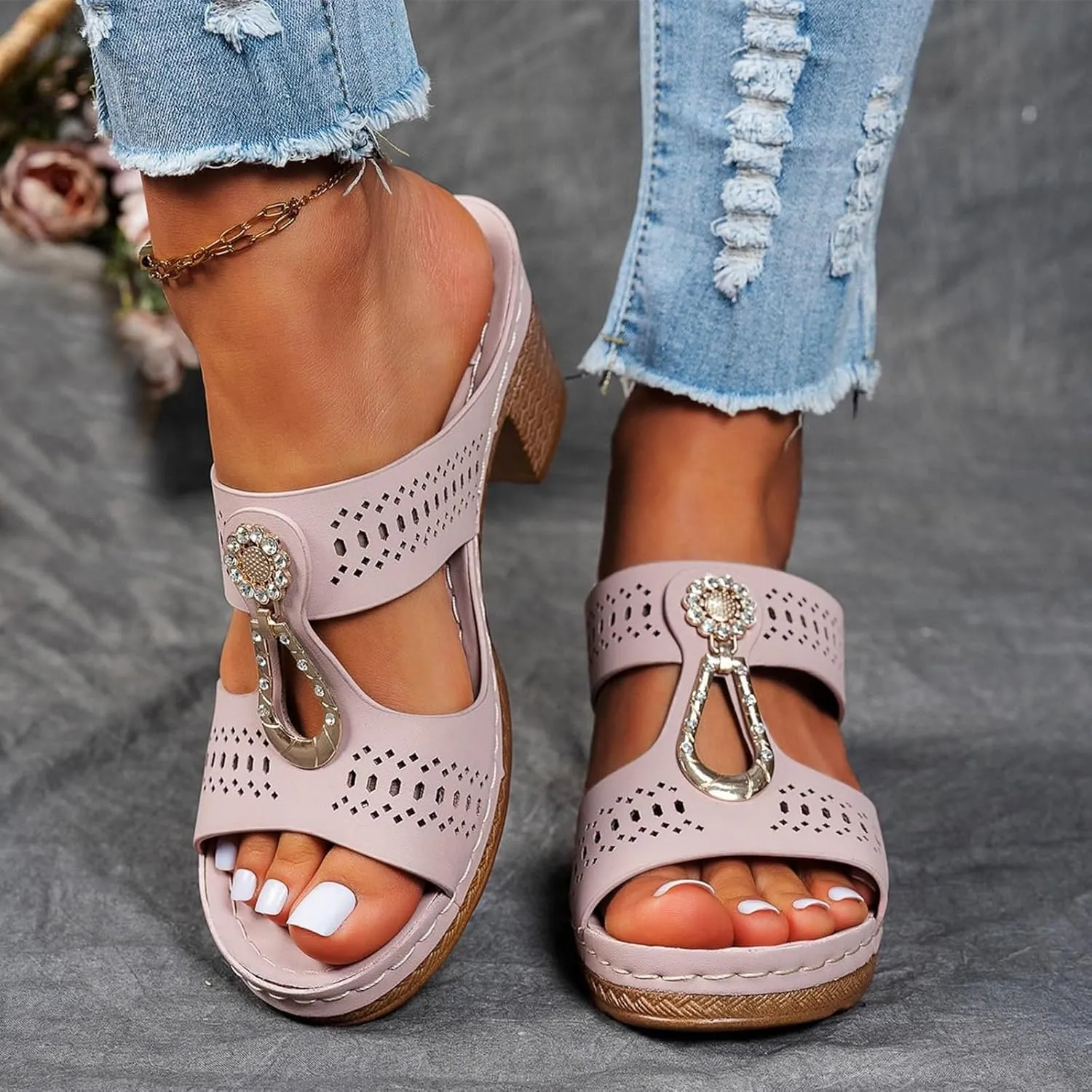 Heeled Sandals for Women Chunky Block Low Heels Open Toe Slip On Slides Summer Comfort Dressy Platform Pumps Shoes