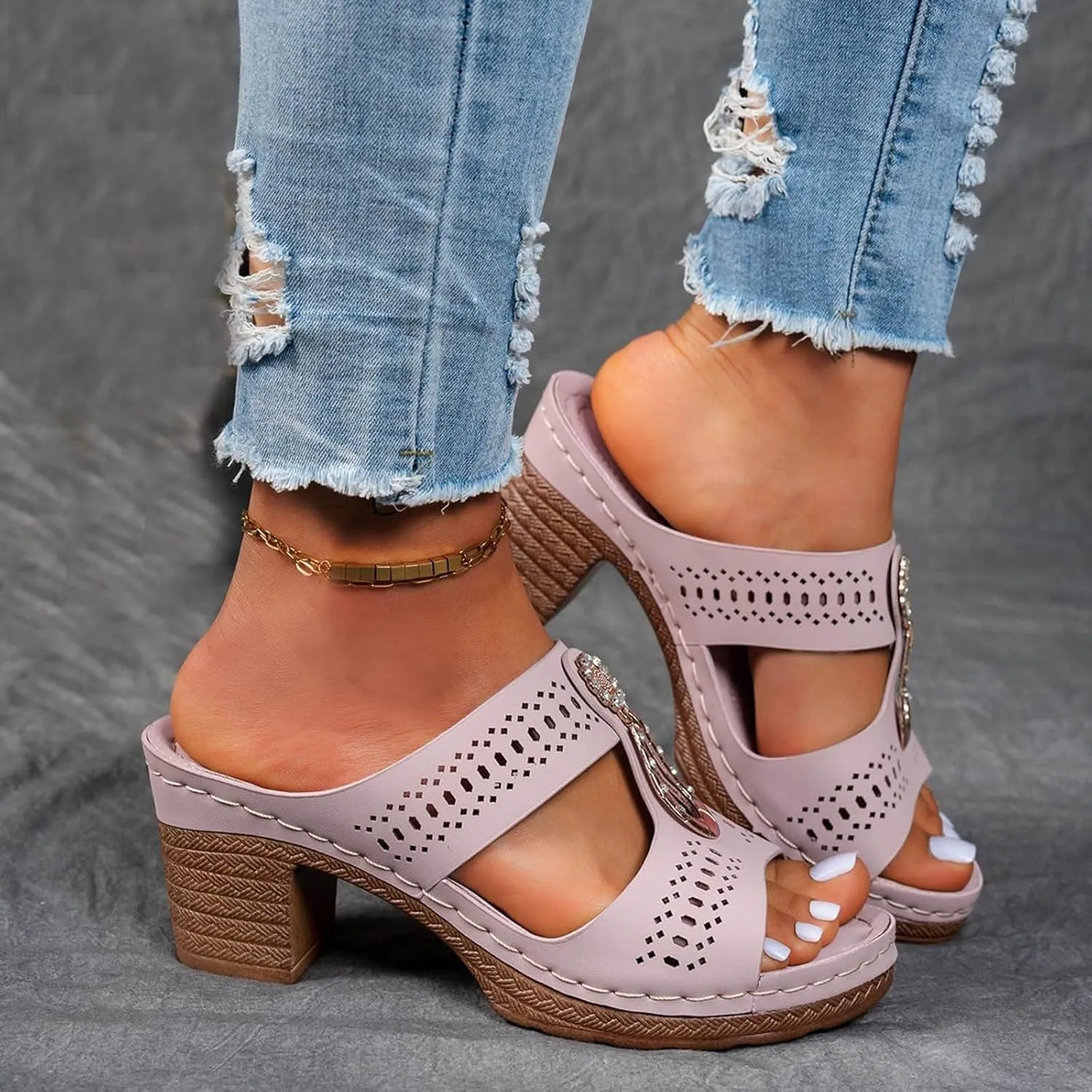Heeled Sandals for Women Chunky Block Low Heels Open Toe Slip On Slides Summer Comfort Dressy Platform Pumps Shoes