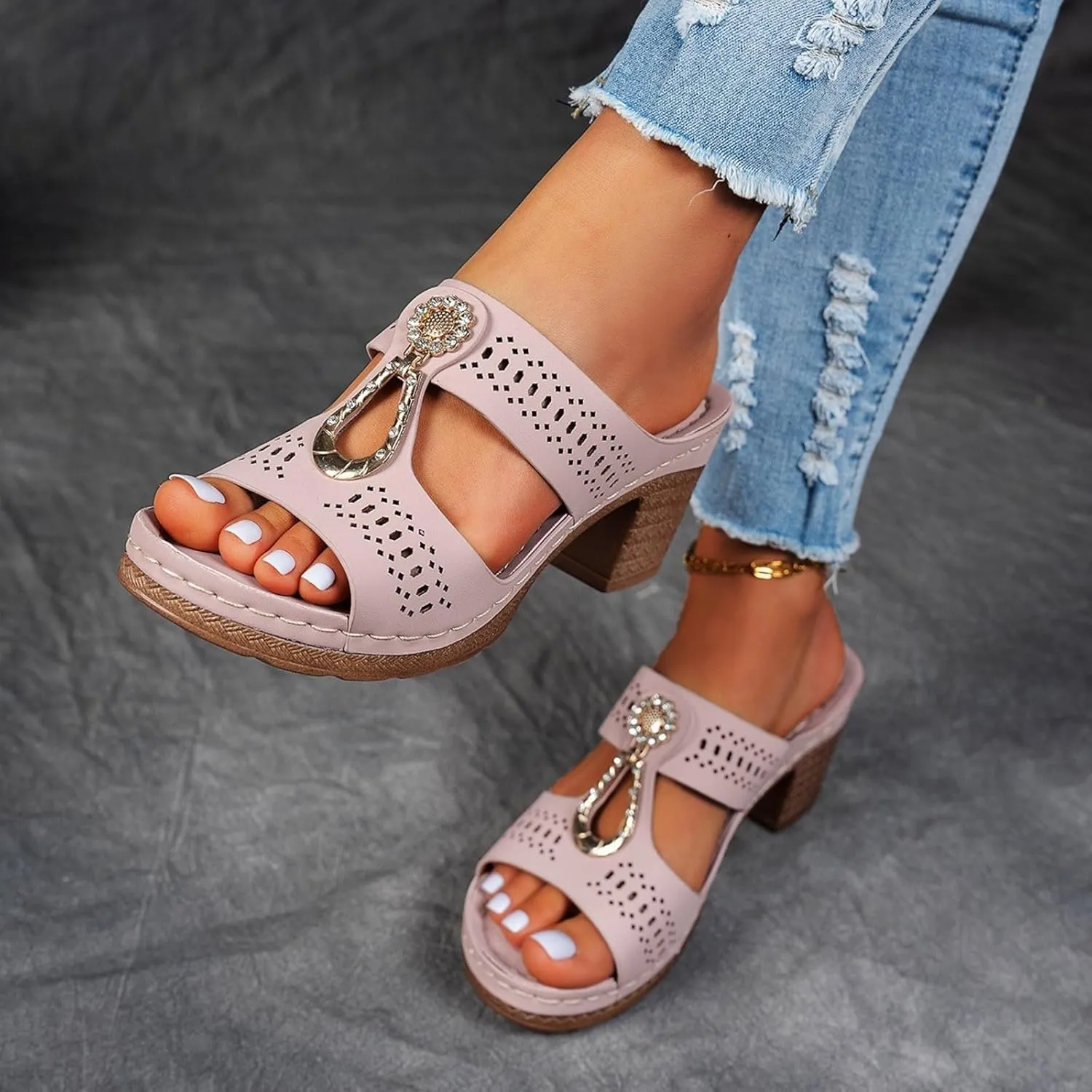 Heeled Sandals for Women Chunky Block Low Heels Open Toe Slip On Slides Summer Comfort Dressy Platform Pumps Shoes