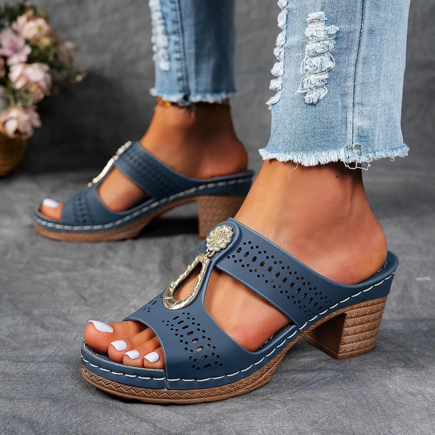 Heeled Sandals for Women Chunky Block Low Heels Open Toe Slip On Slides Summer Comfort Dressy Platform Pumps Shoes