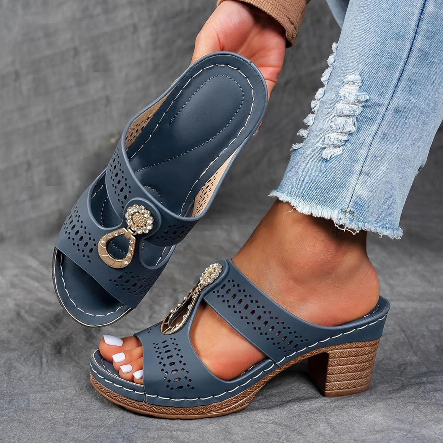 Heeled Sandals for Women Chunky Block Low Heels Open Toe Slip On Slides Summer Comfort Dressy Platform Pumps Shoes