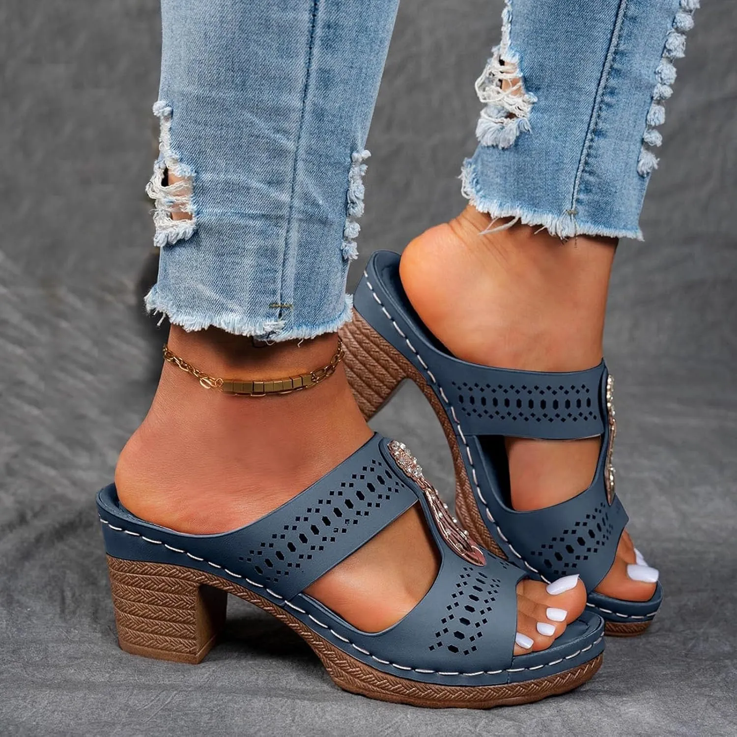 Heeled Sandals for Women Chunky Block Low Heels Open Toe Slip On Slides Summer Comfort Dressy Platform Pumps Shoes