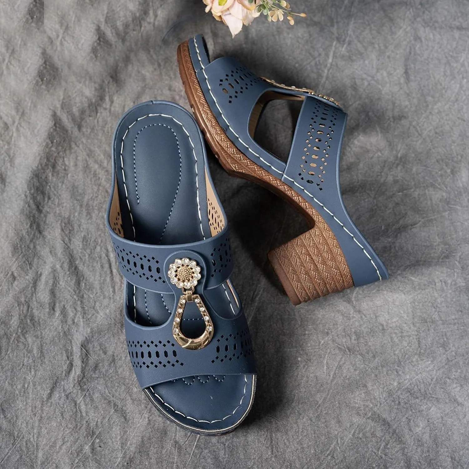 Heeled Sandals for Women Chunky Block Low Heels Open Toe Slip On Slides Summer Comfort Dressy Platform Pumps Shoes