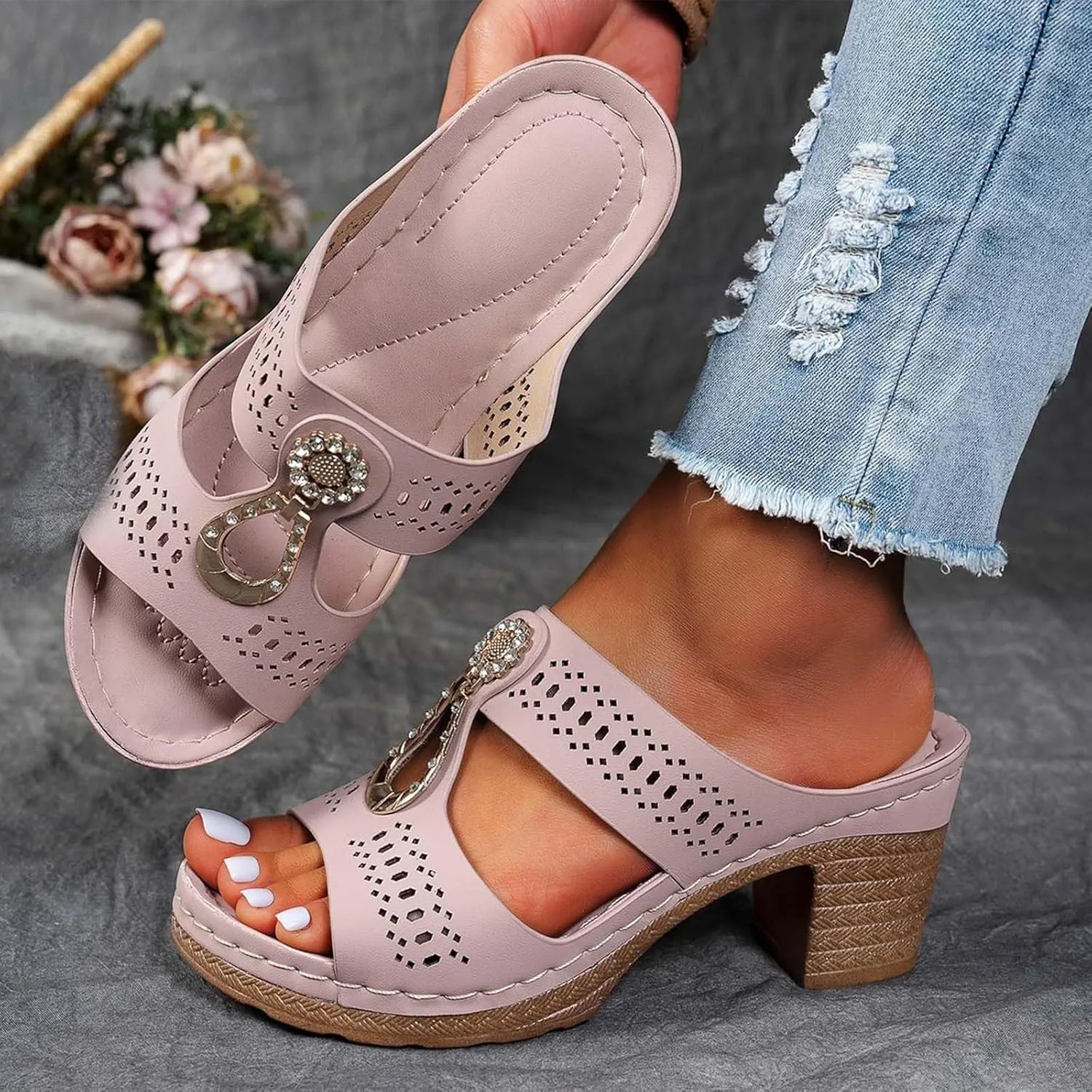 Heeled Sandals for Women Chunky Block Low Heels Open Toe Slip On Slides Summer Comfort Dressy Platform Pumps Shoes
