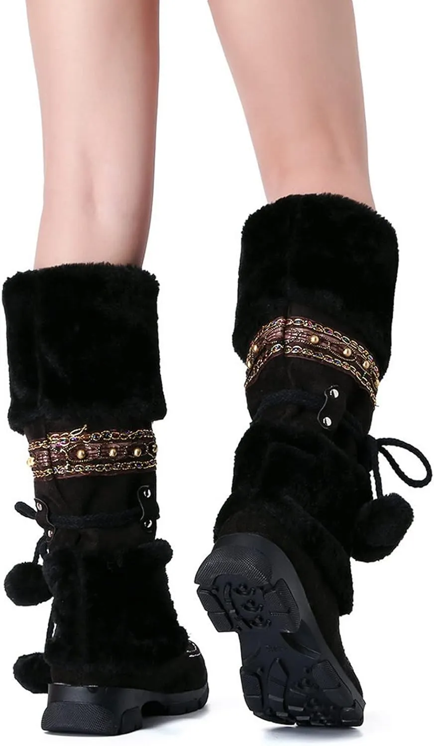HINDOLA Women's Snow Boots Anti-Slip Waterproof Outdoor Shoes Winter Mid Calf Boots Warm Fur Lined Comfortable Booties for Women