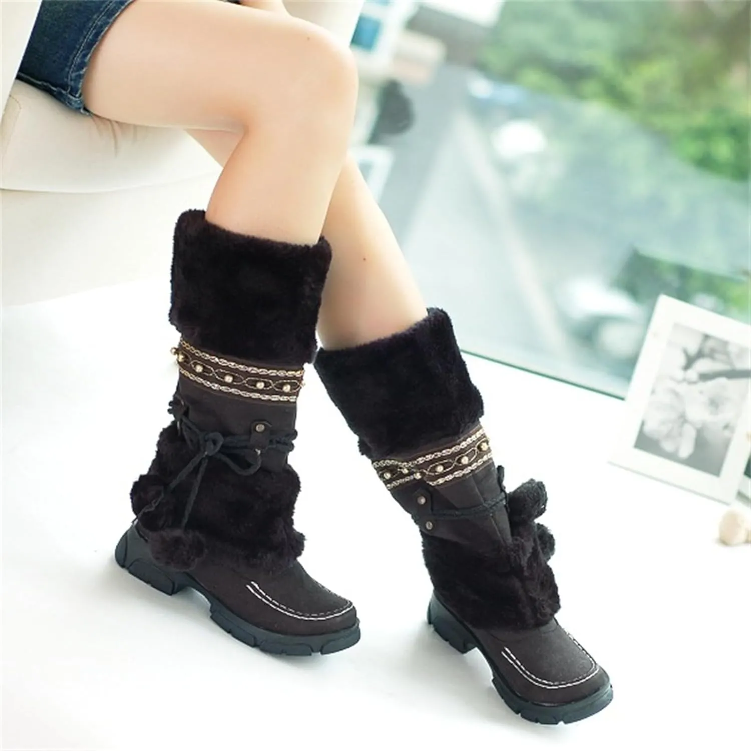 HINDOLA Women's Snow Boots Anti-Slip Waterproof Outdoor Shoes Winter Mid Calf Boots Warm Fur Lined Comfortable Booties for Women