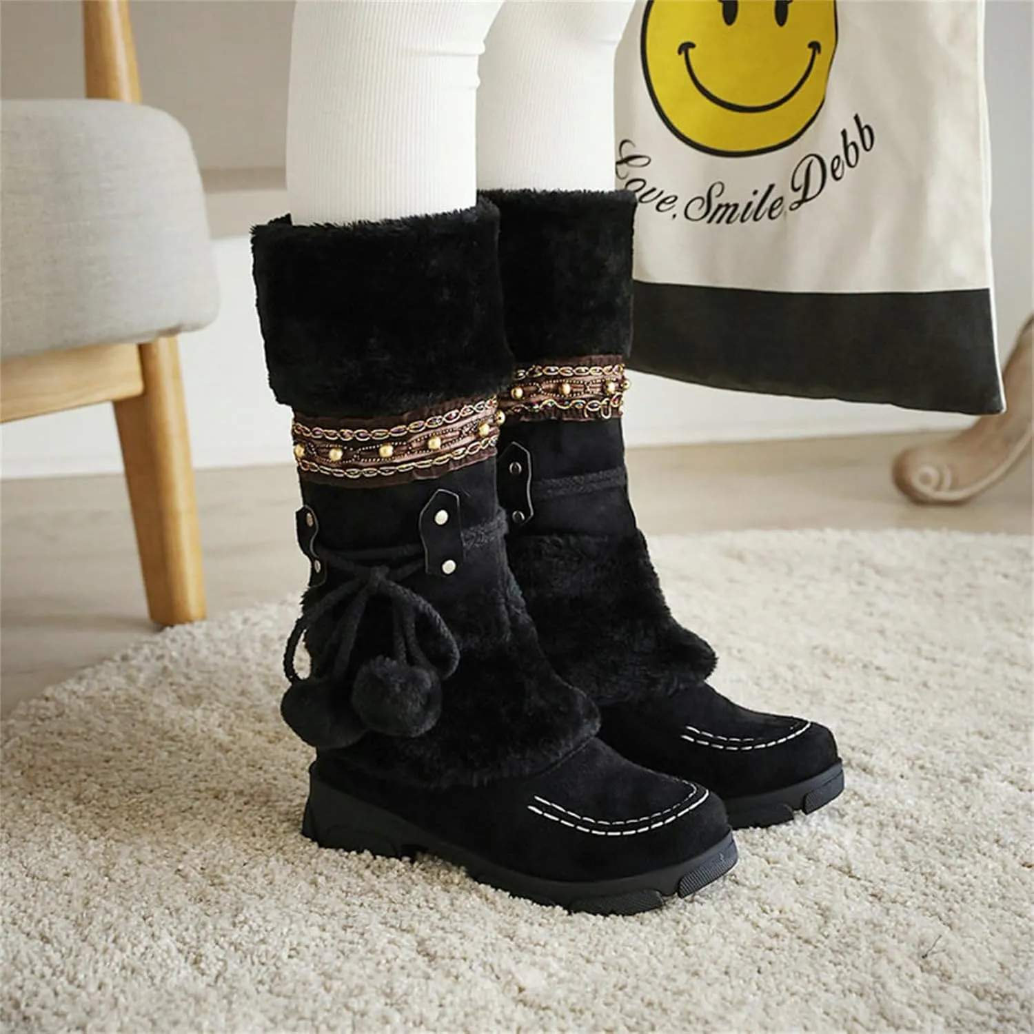 HINDOLA Women's Snow Boots Anti-Slip Waterproof Outdoor Shoes Winter Mid Calf Boots Warm Fur Lined Comfortable Booties for Women