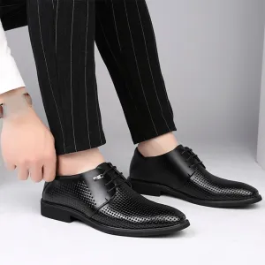 Hollow Breathable Lace Up Round Toe PU Leather Shoes Rubber Sole Non Slip Block Heel Slip Resistant Low Top Party Dress Oxford for Men