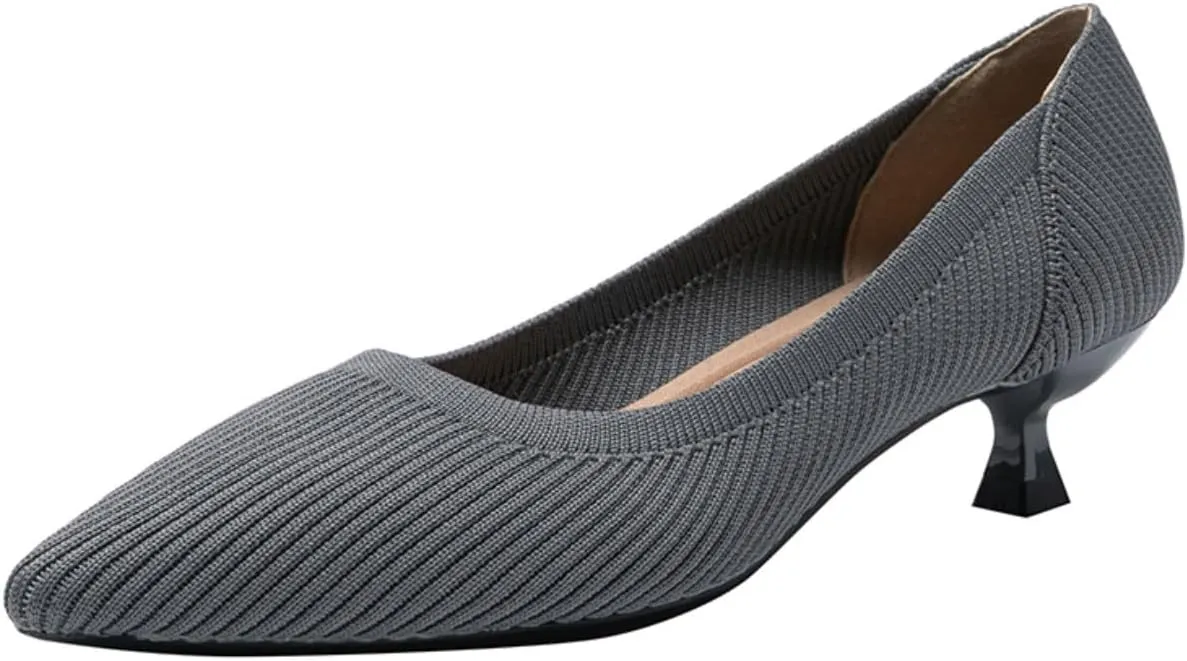 HROYL Women's Pumps Kitten Heels Pointed Toe Knit Slip On Comfortable Casual Formal Dress Shoes