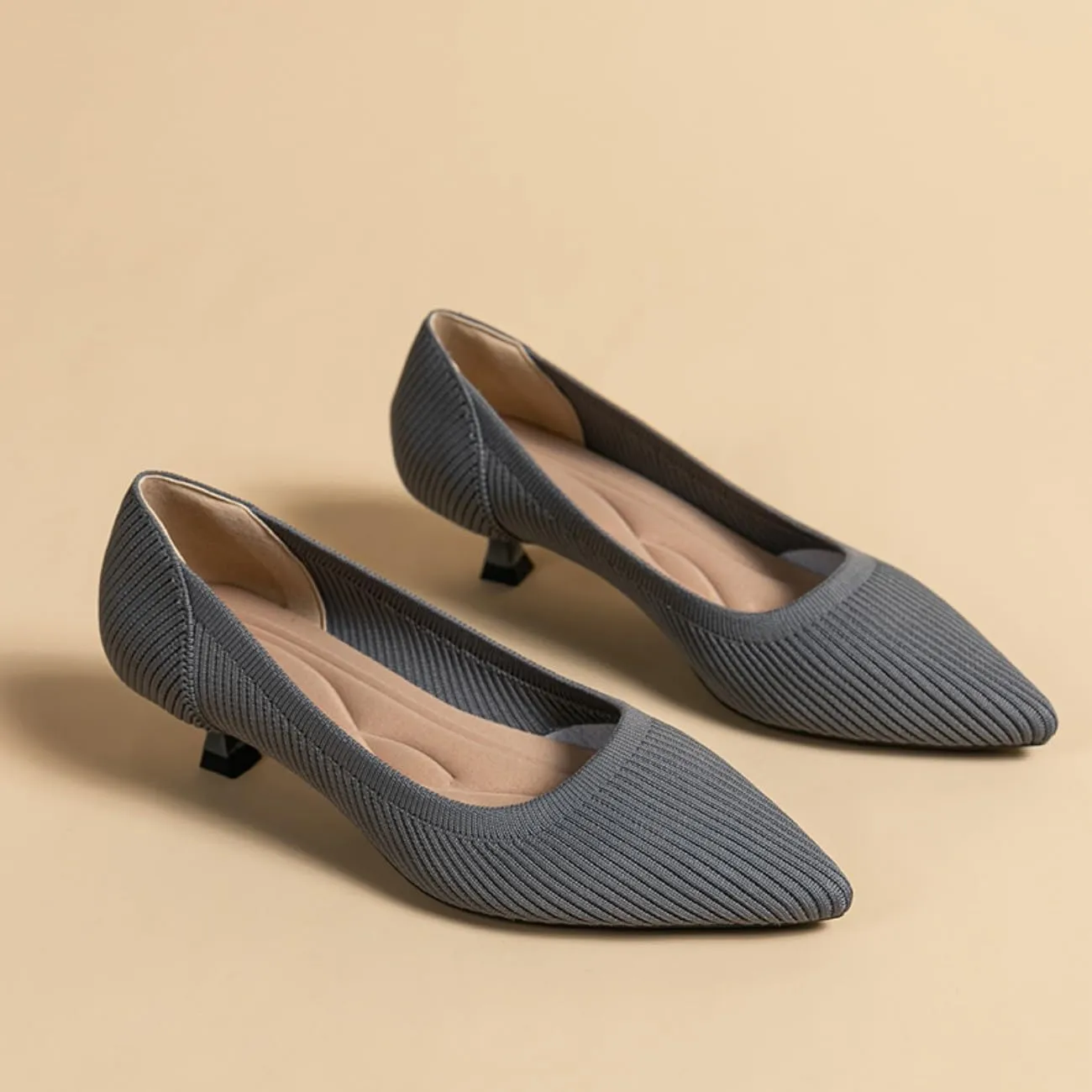 HROYL Women's Pumps Kitten Heels Pointed Toe Knit Slip On Comfortable Casual Formal Dress Shoes
