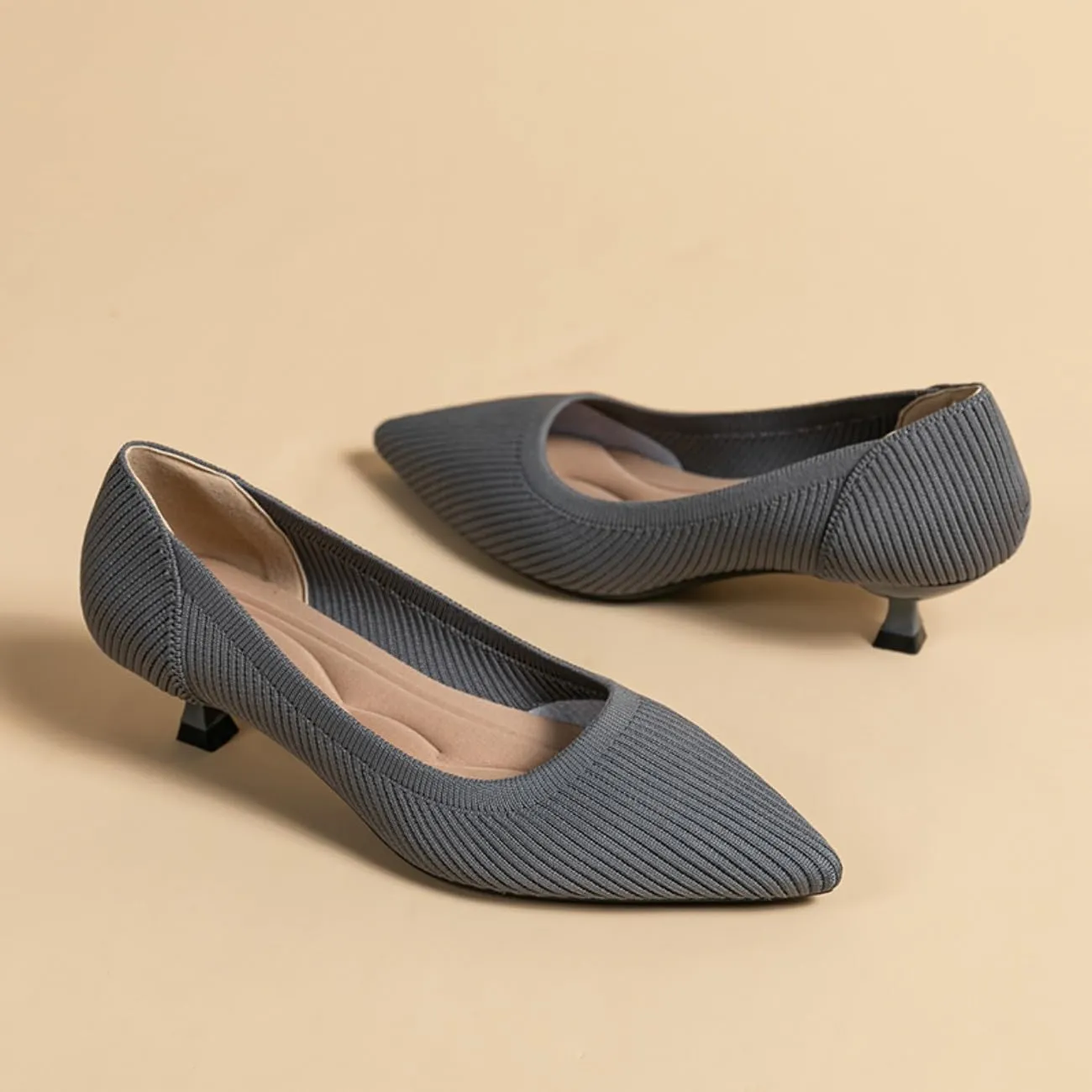 HROYL Women's Pumps Kitten Heels Pointed Toe Knit Slip On Comfortable Casual Formal Dress Shoes